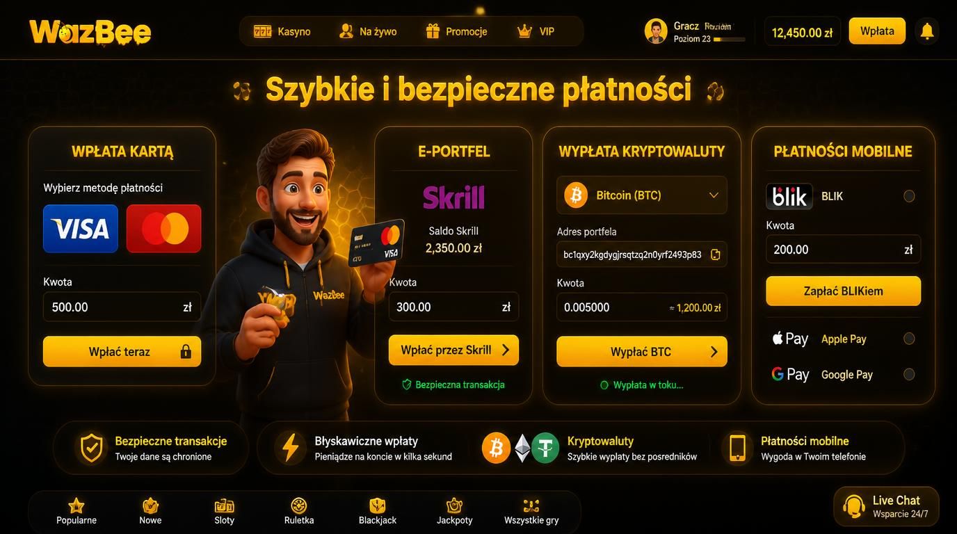 gracz dokonujący wpłaty kartą, ikonki metod płatności, kryptowaluty i e-portfela
