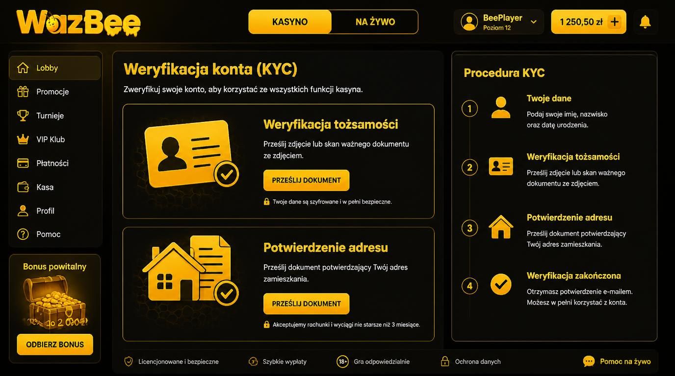 Interfejs ekranu KYC z polskim tekstem „Weryfikacja tożsamości”, „Potwierdzenie adresu”