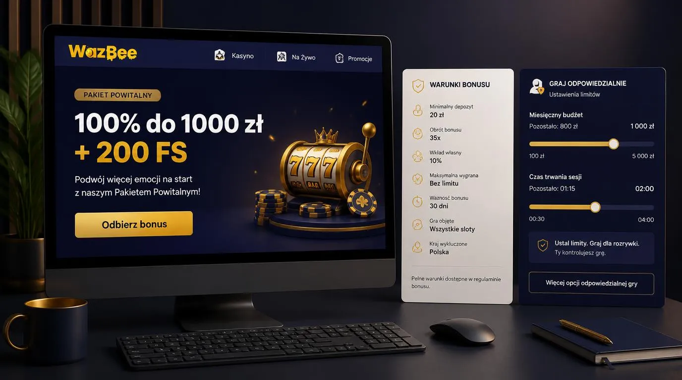 Panel oferty powitalnej z bonusem 100% do 1000 zł, 200 FS oraz ustawieniami limitów gry